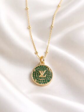 Upcycled LV pull button Gold Pendant Necklace with Green Crystal Pavé